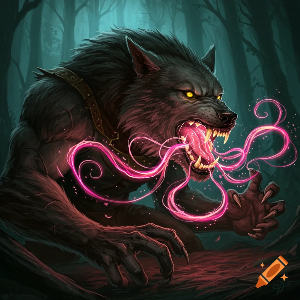A snarling werewolf with glowing eyes spitting pink magic energy in a dark forest.