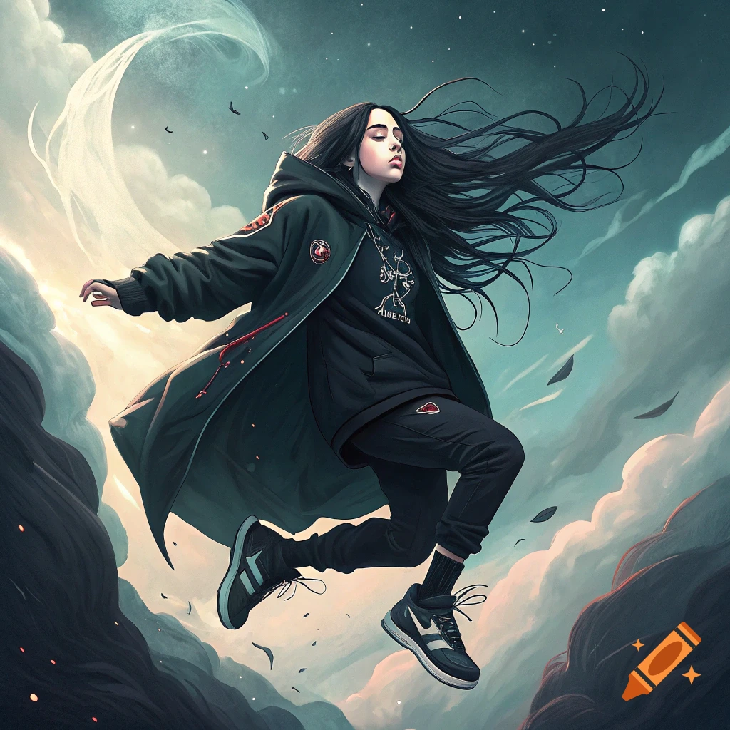 Person resembling Billie Eilish flying through clouds
