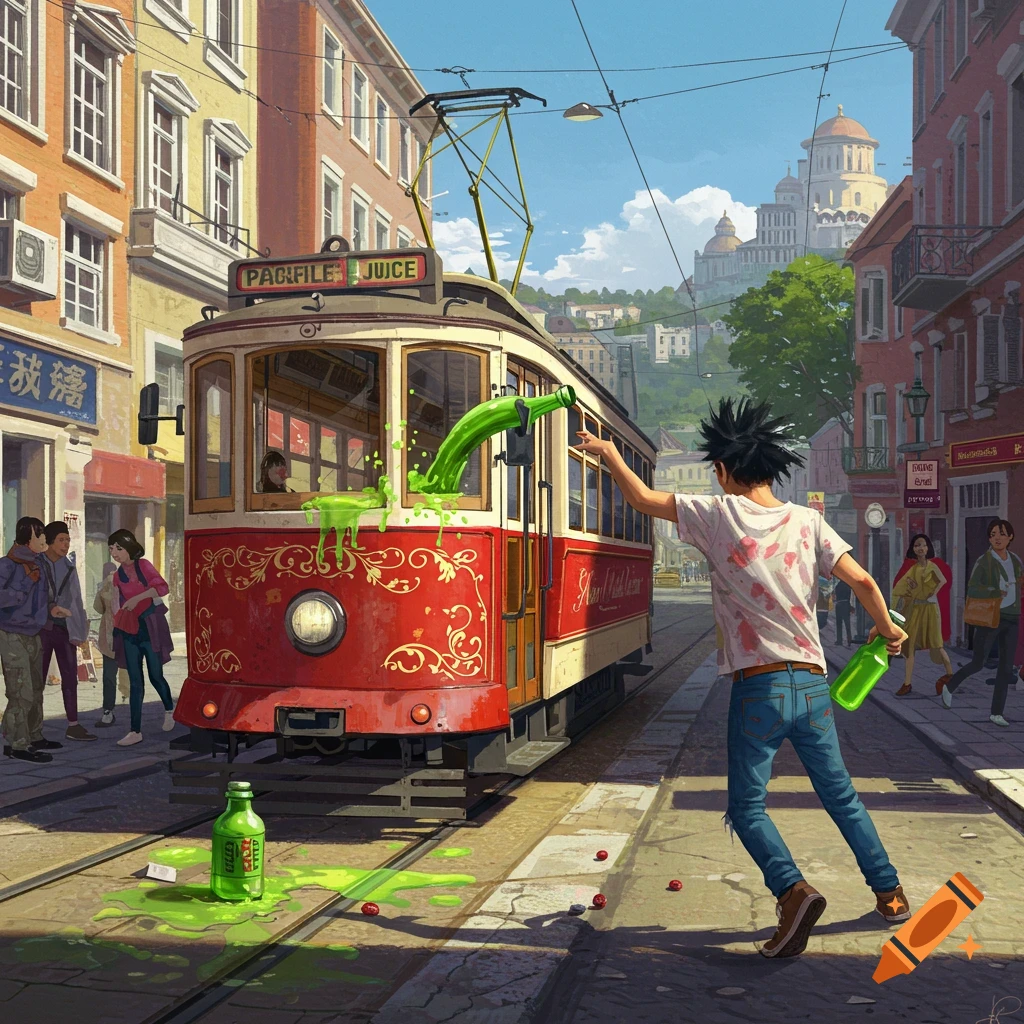 An anime-style image of a person throwing green liquid onto a red tram in an urban street.