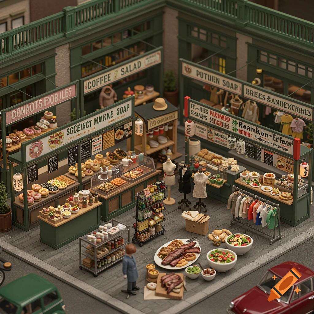 A highly detailed miniature model of a market hall with food and clothing stalls, styled like a build-it-yourself kit.