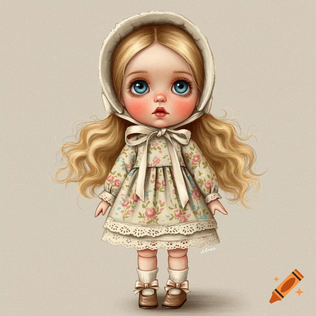 A doll with blonde curls, blue eyes, a bonnet, and a floral dress.