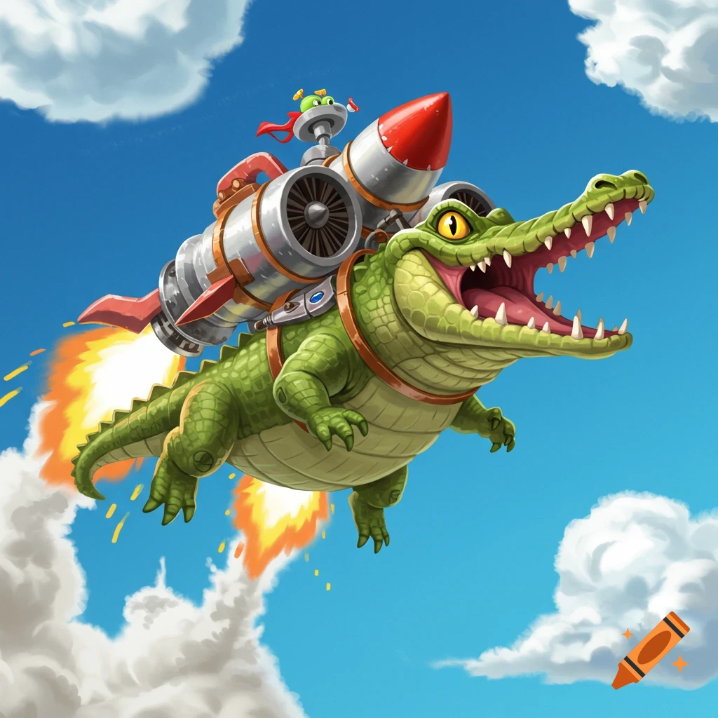 Cartoon crocodile flying with a rocket on its back