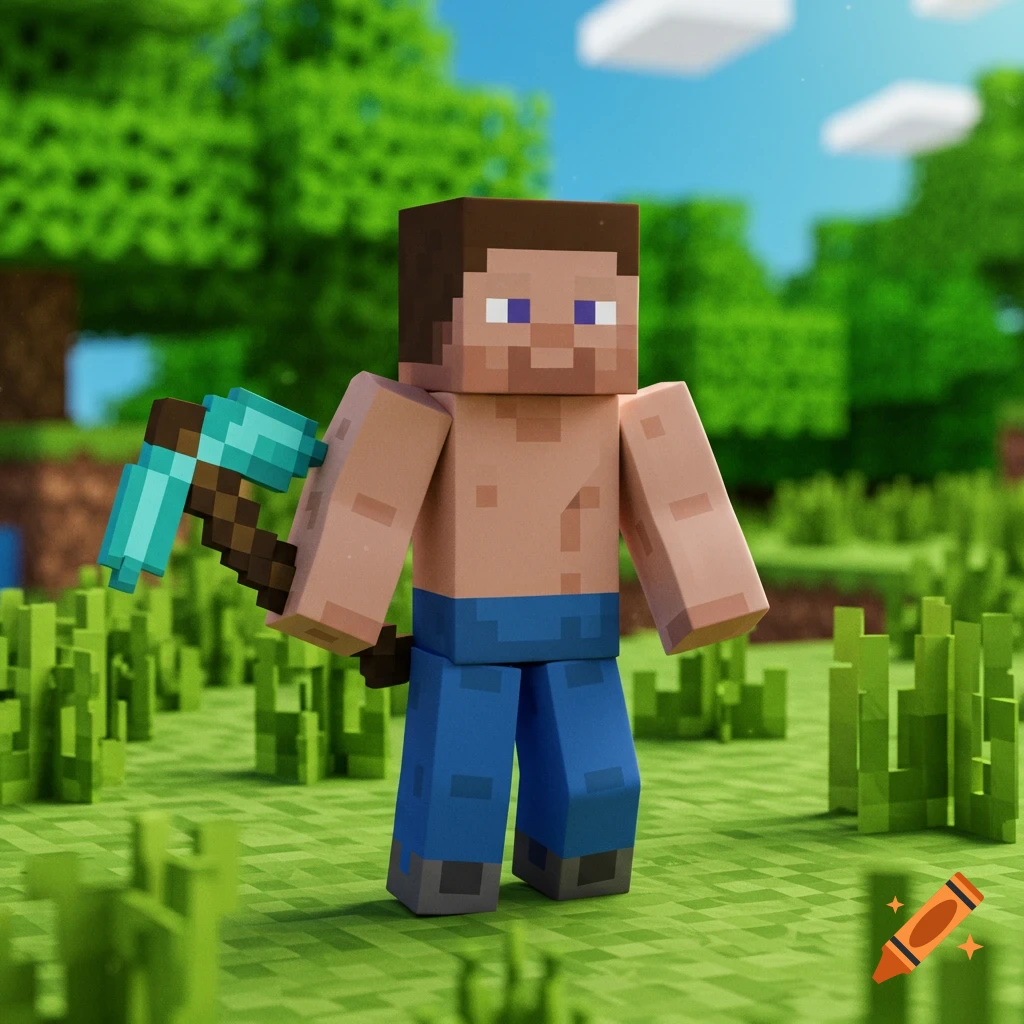 Minecraft character Steve holding a pickaxe in a blocky world.