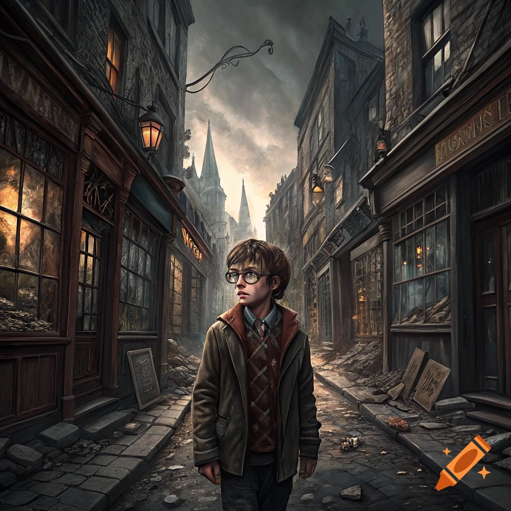 Young Harry Potter stands in a ruined grimdark alley.