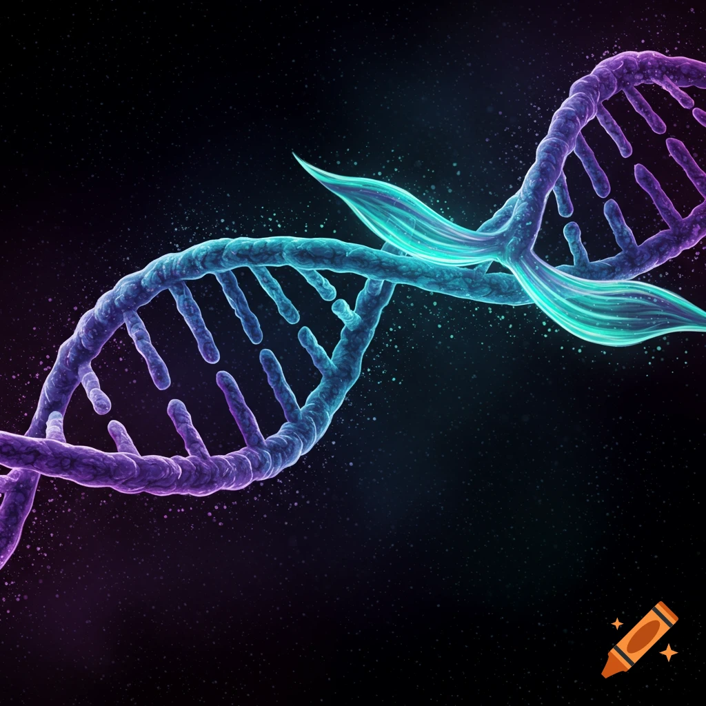 Stylized blue and purple DNA double helix with a fish tail end on a dark, starry background.