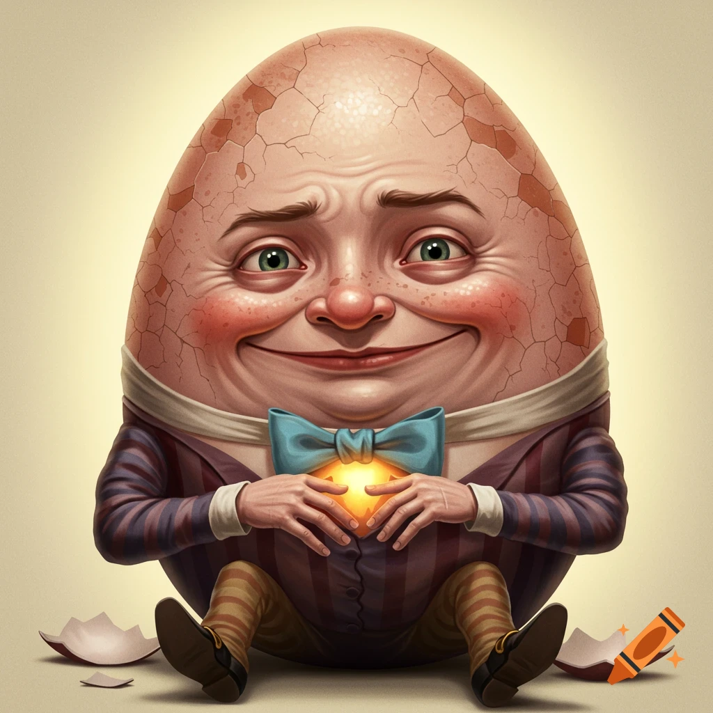 A hyper realistic Humpty Dumpty character sits, holding a glowing orb.
