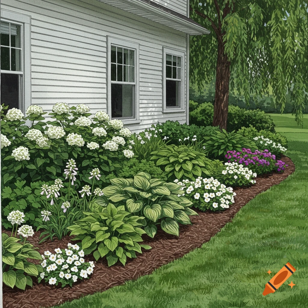 Lush garden bed with various flowers and plants along a white house with a willow tree.
