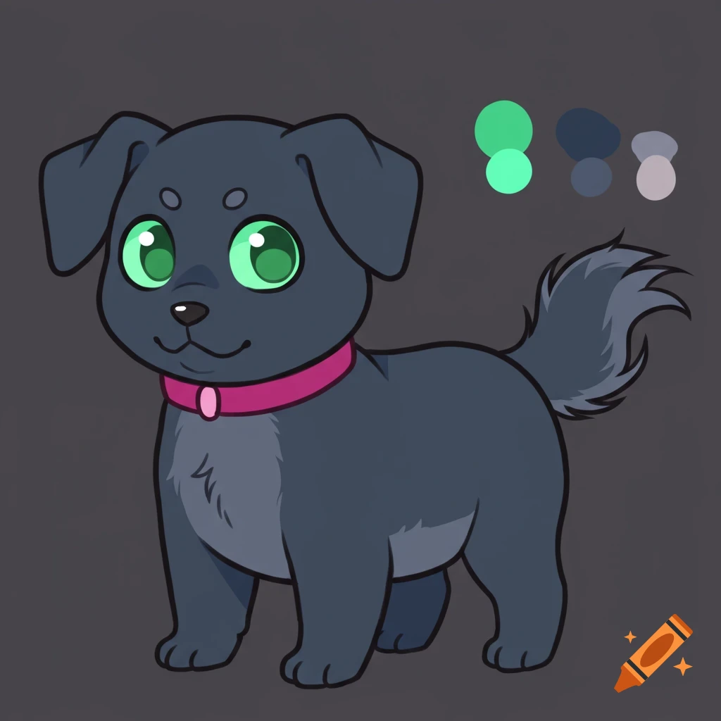 Stylized cartoon dog with dark grey fur, large green eyes, and a pink collar