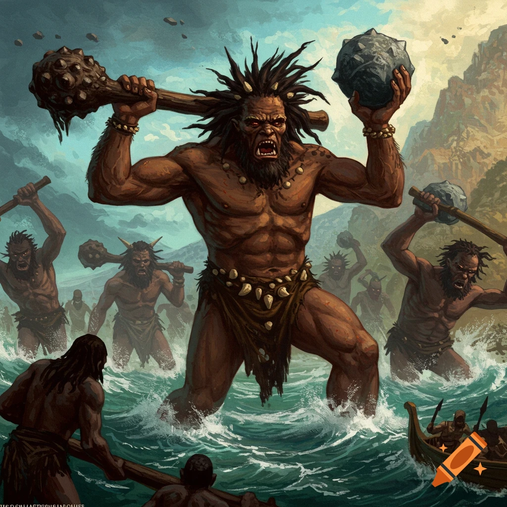 A giant holding a club and rock, leading other giants attacking small boats in the water.