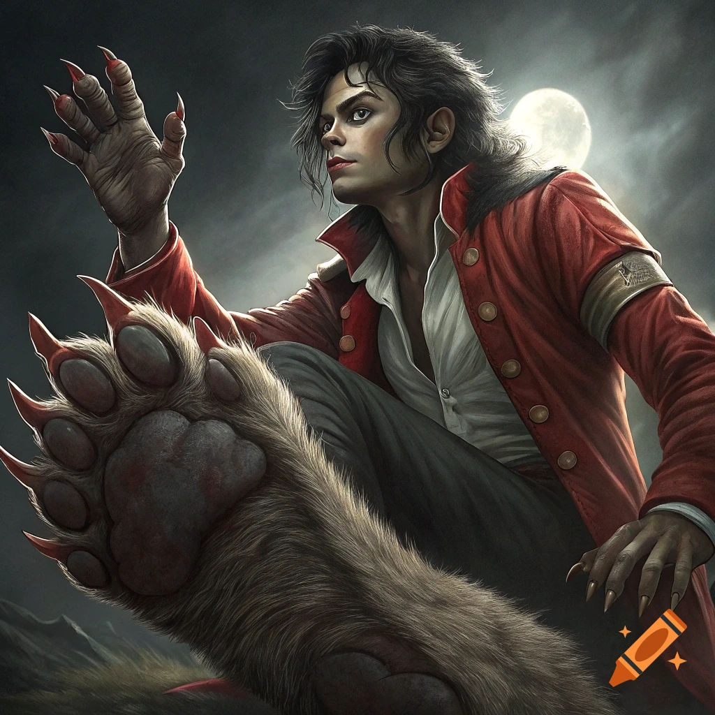 Werewolf-like creature resembling Michael Jackson with large paw in foreground under a full moon.