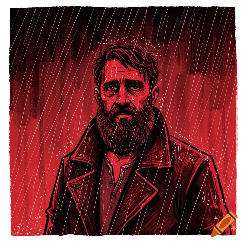 Hand-drawn illustration of a bearded man standing in red rain.