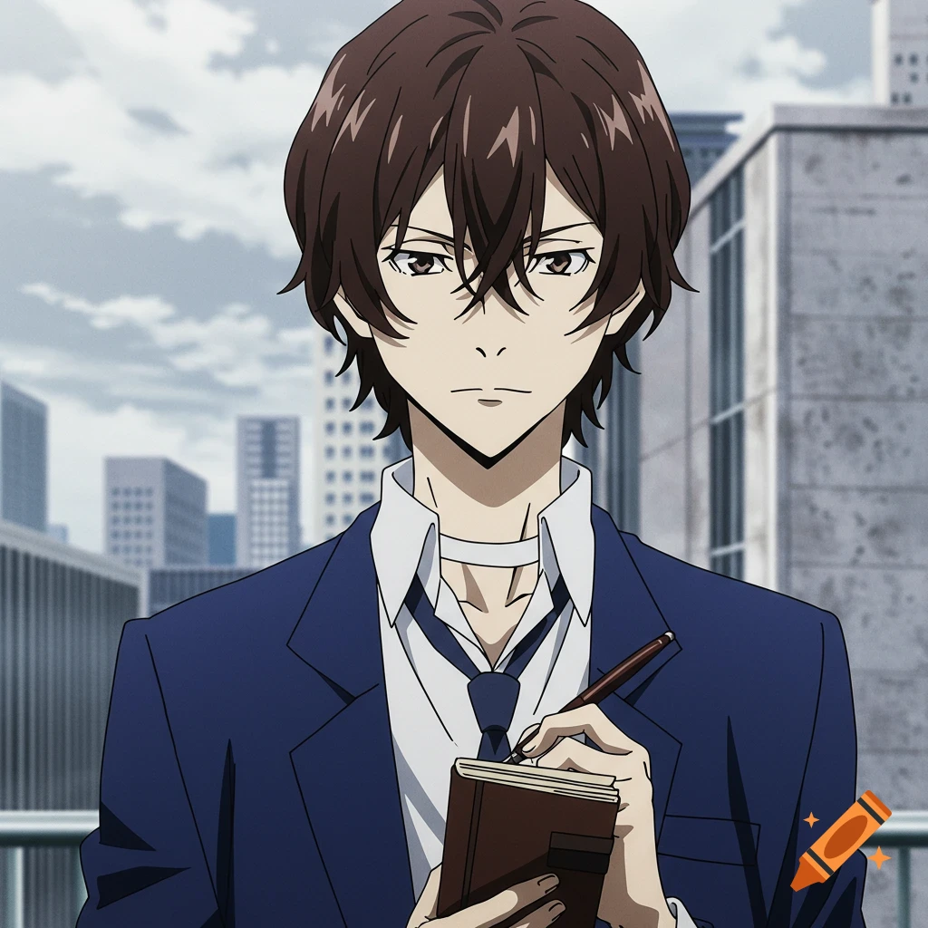 Anime character in a suit holding a notebook and pen