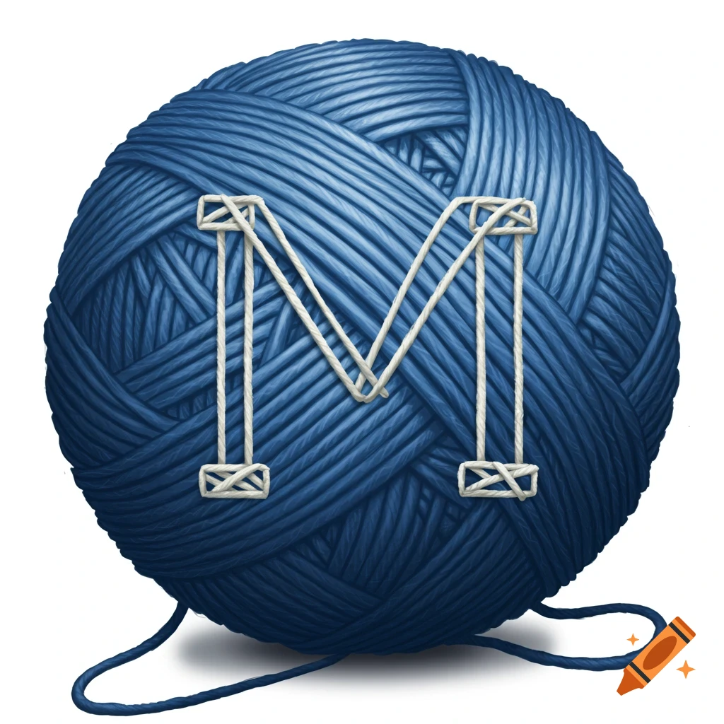 A blue ball of yarn with a white yarn letter M woven into its surface.