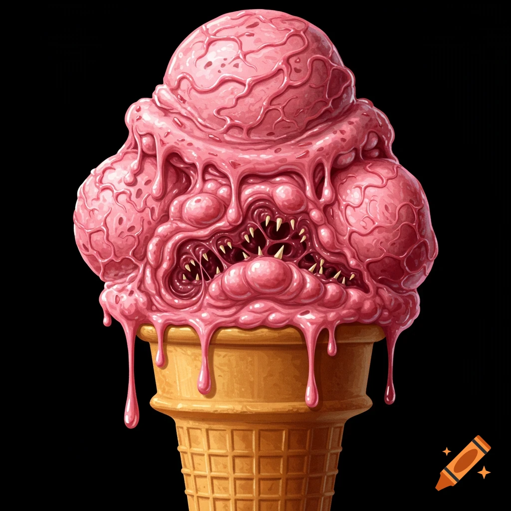 Monstrous pink ice cream cone with multiple eyes, a mouth full of sharp teeth, and dripping textures, in a waffle cone on a black background.