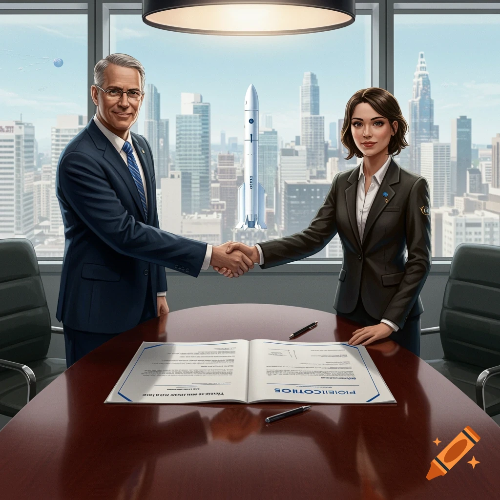 Two businesspeople shake hands over a contract, with a rocket and city skyline in the background.