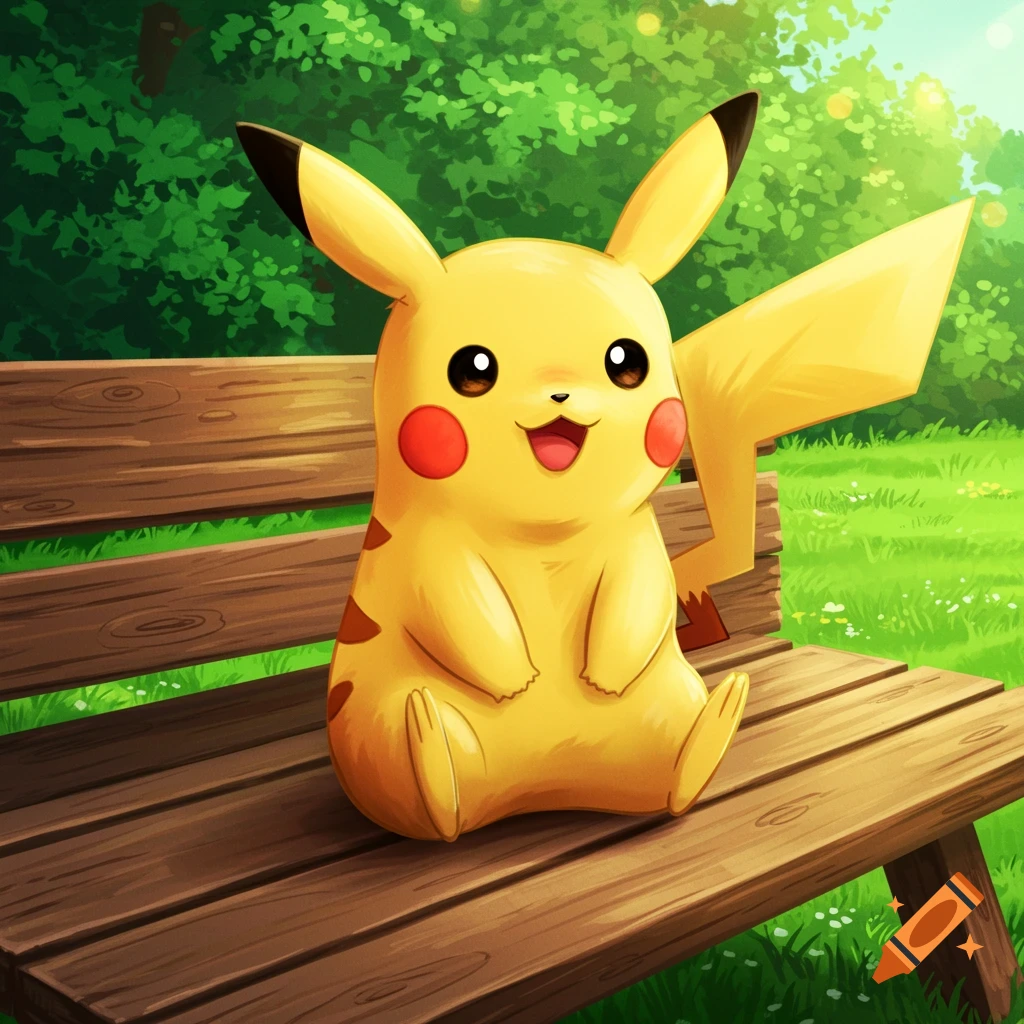 Pikachu sits on a bench in a sunny park, anime style.
