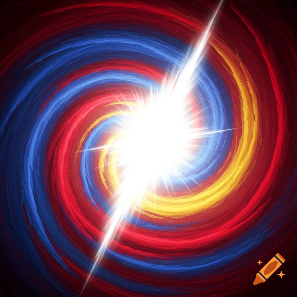 A vibrant red, blue, and yellow swirl with a bright white light in the center, digital art.