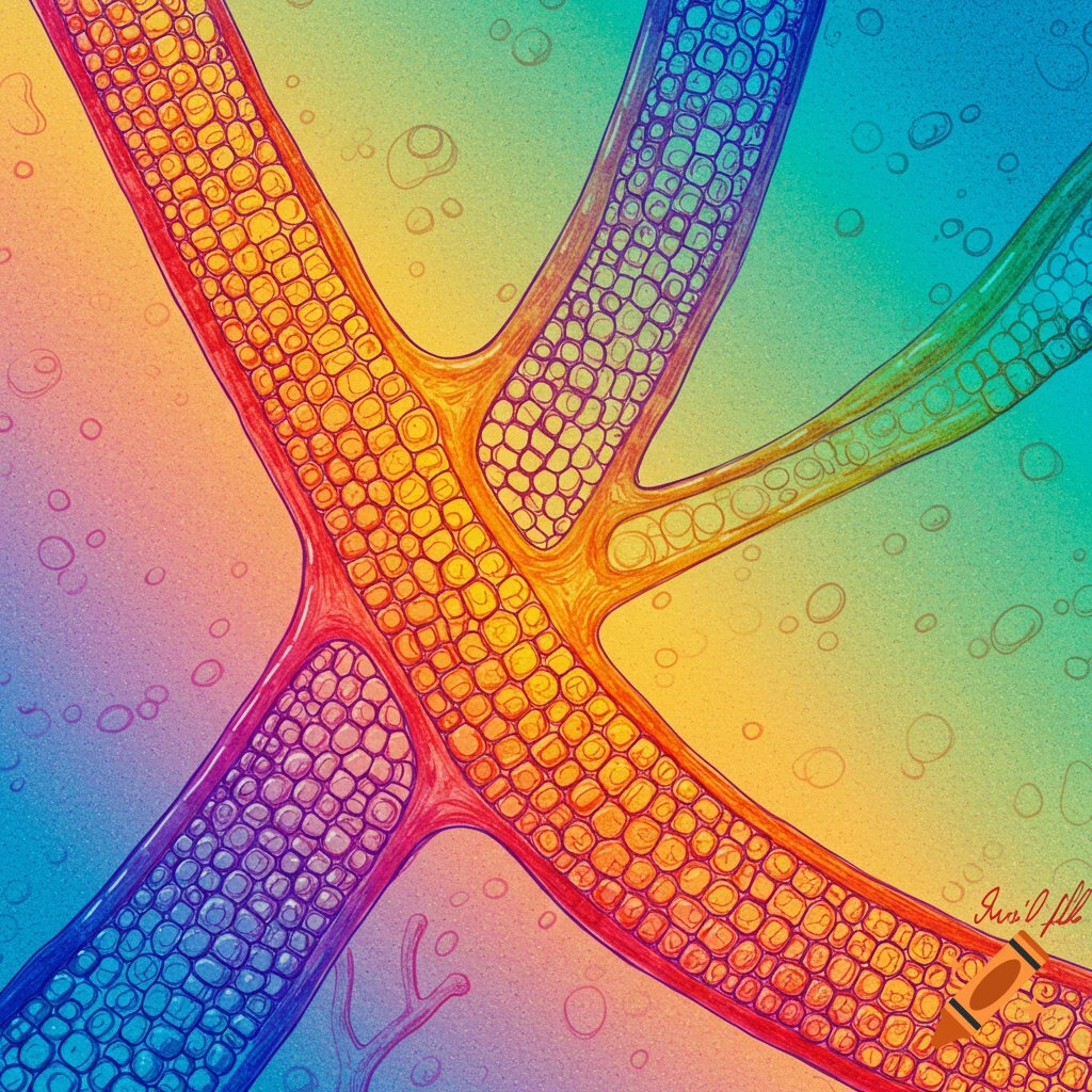 Abstract image of colorful branching structures resembling plant vessels against a gradient background.