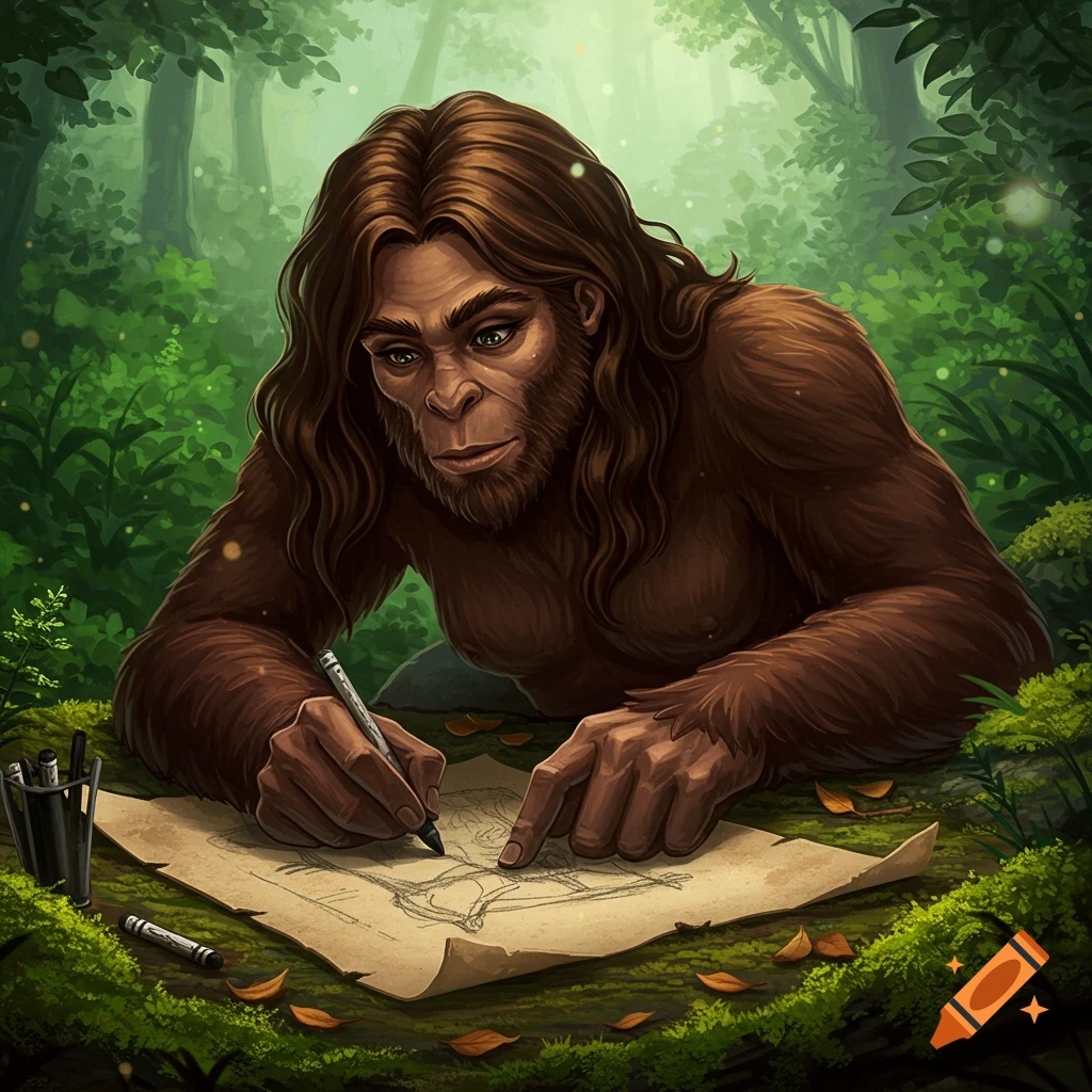 A Sasquatch sitting in a forest and drawing on paper with a pencil.