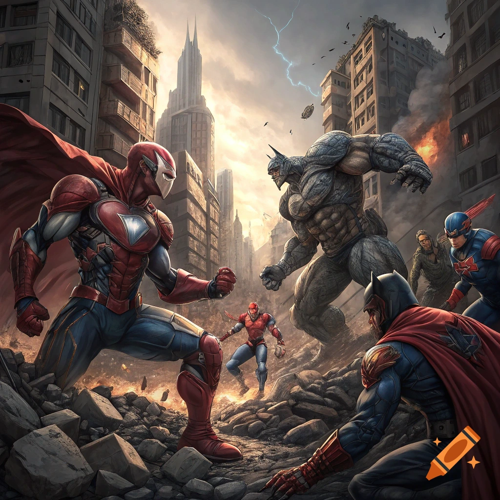 Superheroes battle a large monster in a destroyed city.