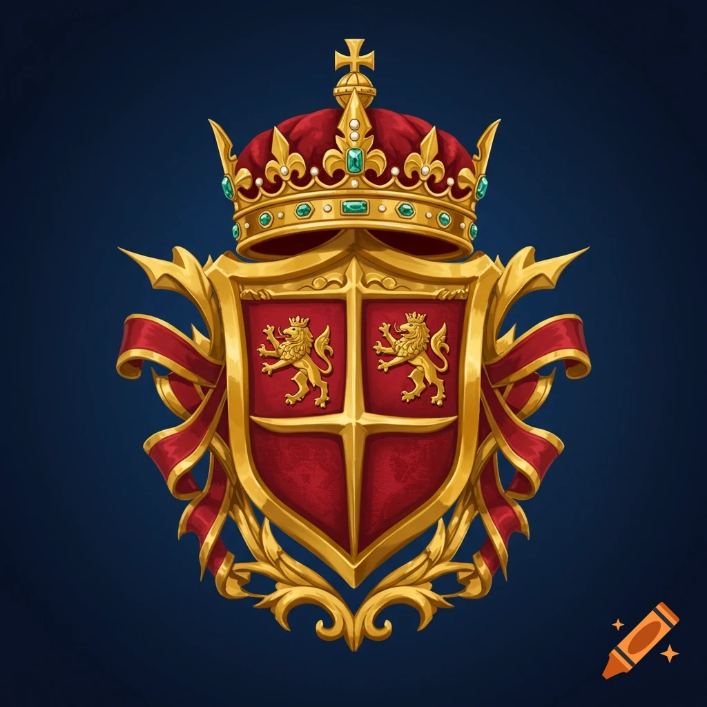 A detailed golden and red monarch crest with two lions rampant, a crown, and ribbon flourishes on a blue background.