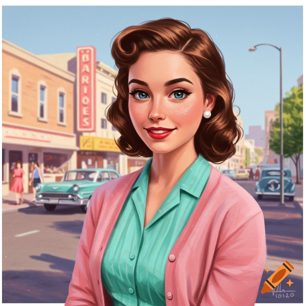 A woman wearing 1950s clothing stands on a street.