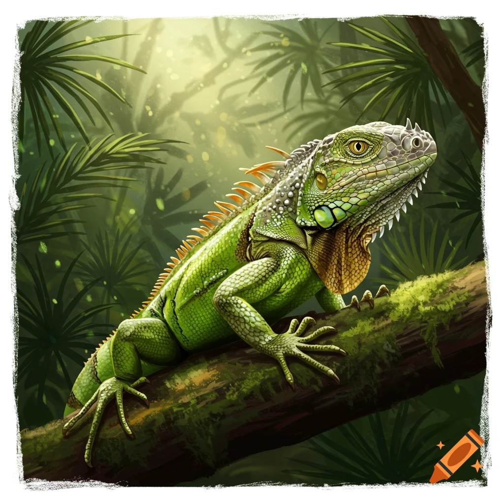 A green iguana perched on a mossy branch in a lush, sun-dappled jungle.