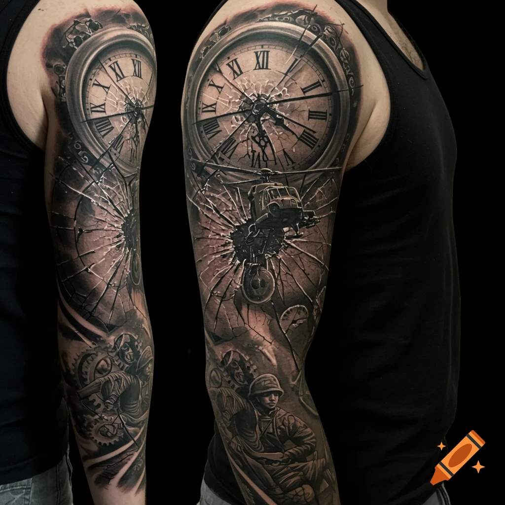 Grayscale tattoo sleeve of a broken clock, helicopter, and soldiers