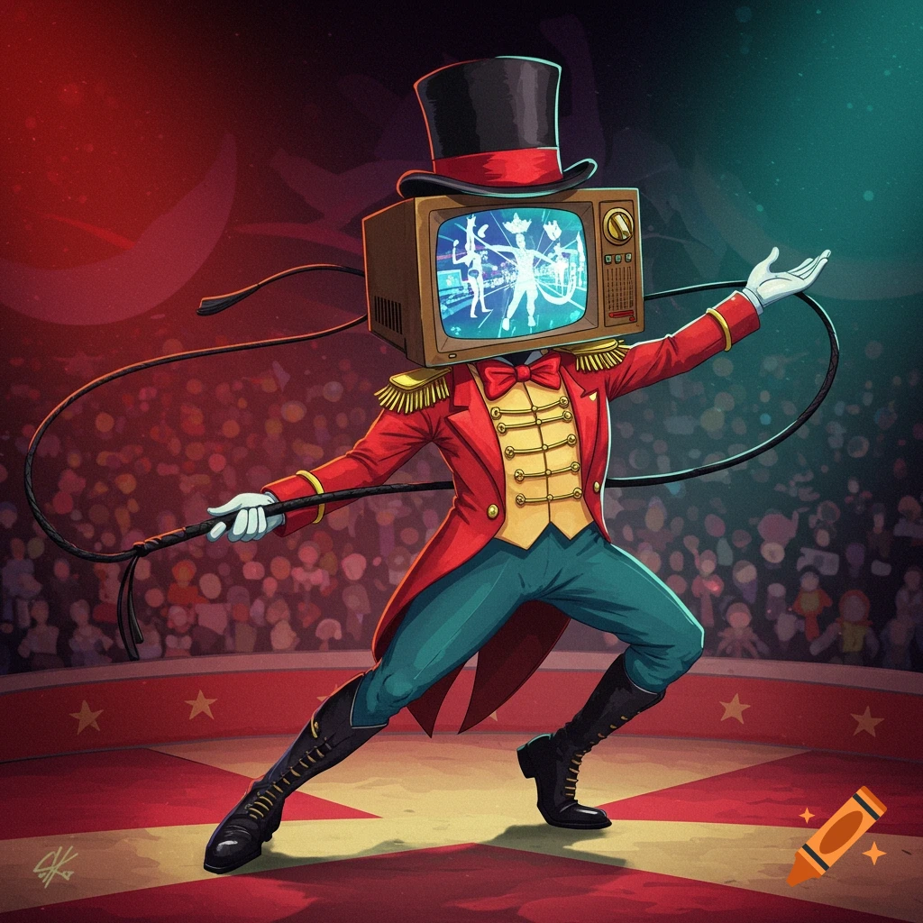 A TV-headed ringmaster in a top hat holding a whip in a circus tent.
