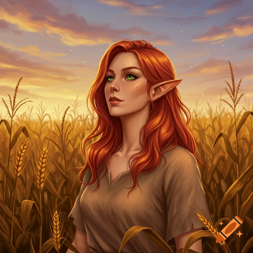 A red-haired half-elf woman with green eyes stands in a golden corn field at sunset.