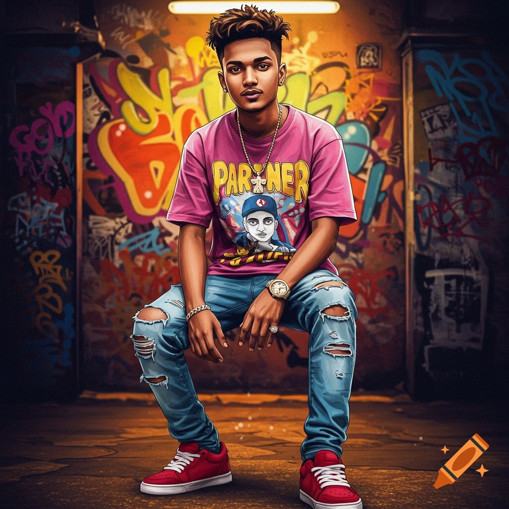A young man wearing a pink t-shirt and ripped jeans is posing in front of colorful graffiti.