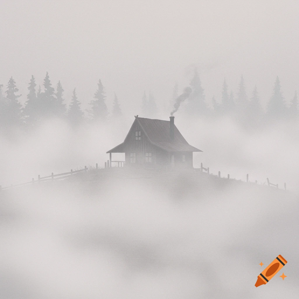 A remote house on a hill in heavy fog with trees in the background and smoke from the chimney.