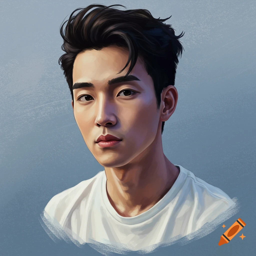 A portrait of a young man in a white t-shirt against a blue background.