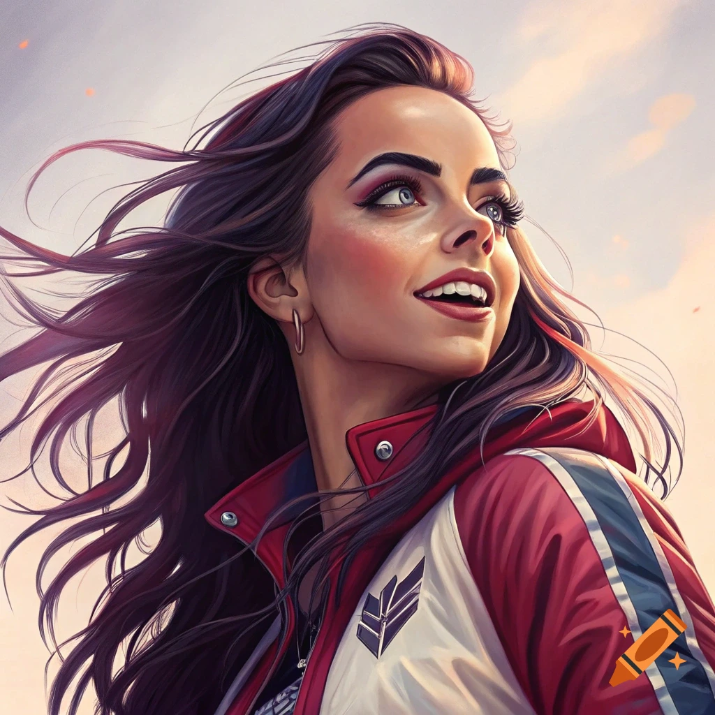 Image of a woman in a red and white jacket looking up, with wind-swept hair.