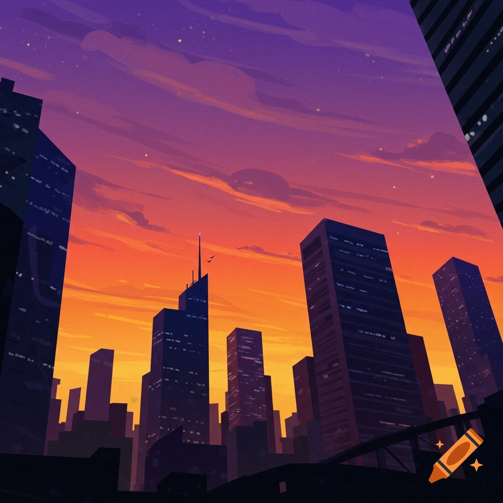 A cityscape silhouetted against a colorful orange and purple sunset sky.