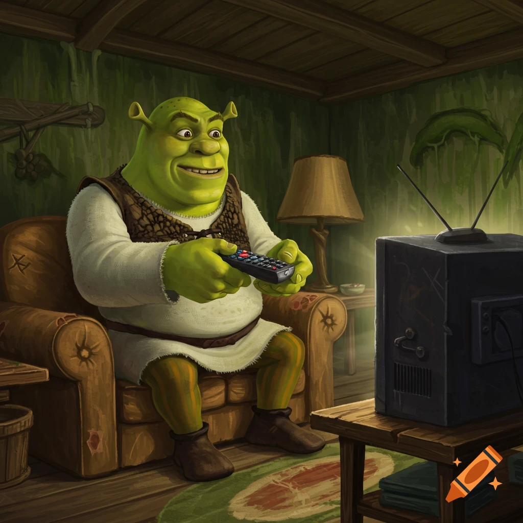 Shrek sitting in a chair watching television