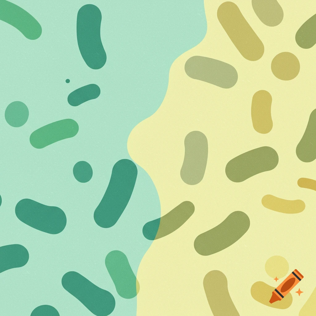 Abstract graphic with organic shapes in green, teal, and yellow on a split pastel background.