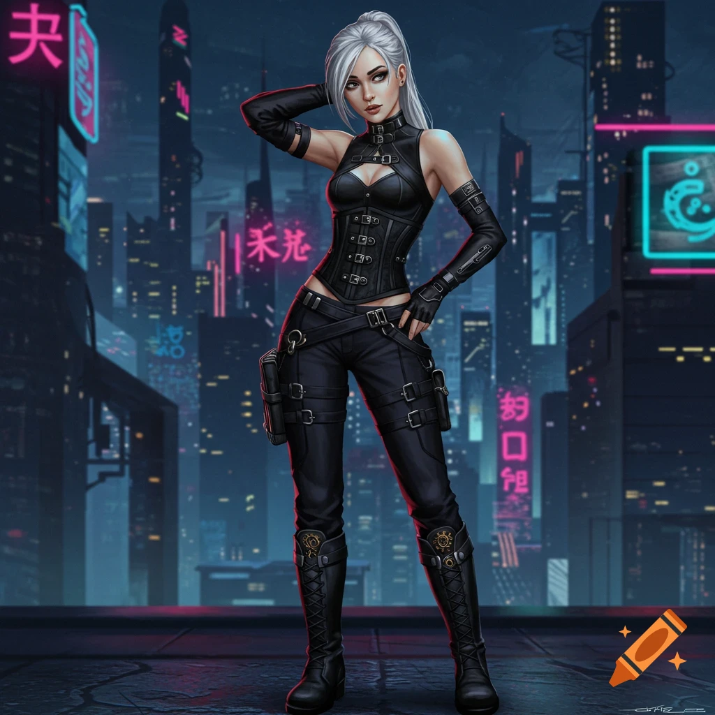 A gray-haired woman in black steampunk clothes stands in a cyberpunk city.