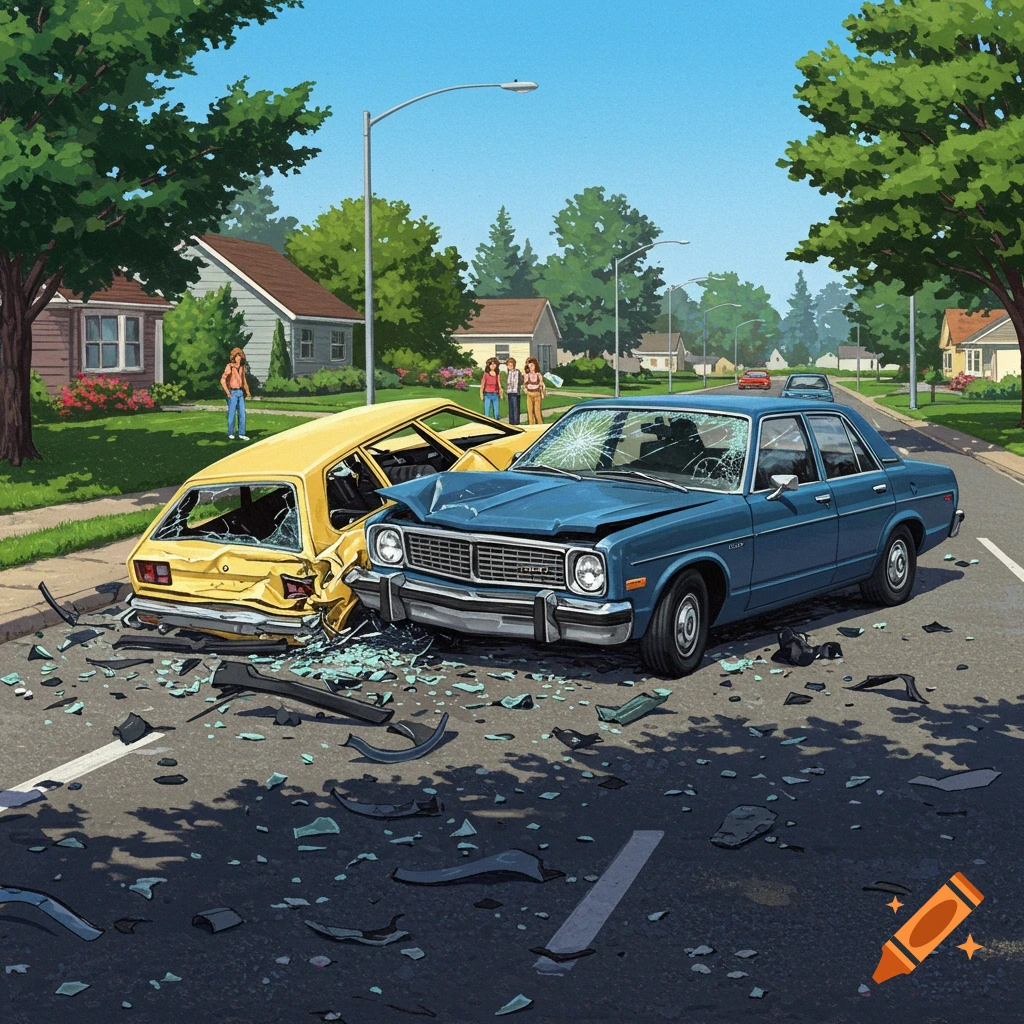 A car crash between a blue sedan and a yellow hatchback on a street in a residential neighborhood.