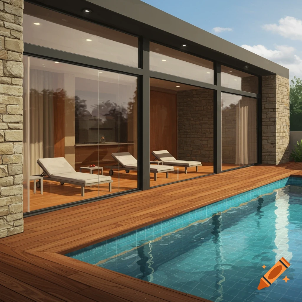 Digital rendering of a modern house with a large glass facade, wooden deck, and swimming pool