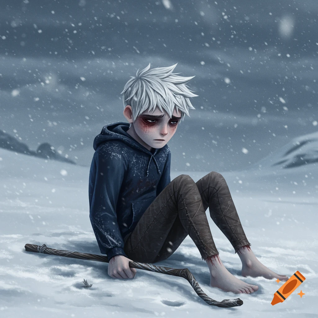 Sad animated character Jack Frost sits alone in snowy landscape, holding his staff.