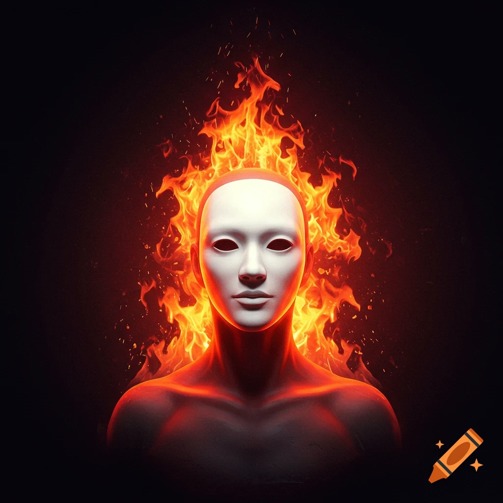 A white mask on a humanoid figure with intense flames rising around its head and shoulders.