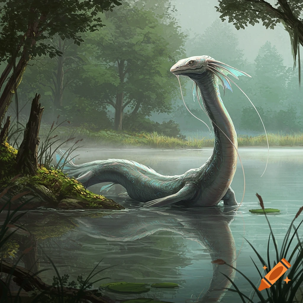 A fantasy creature resembling a long-necked reptile rises from a misty lake in a forest.