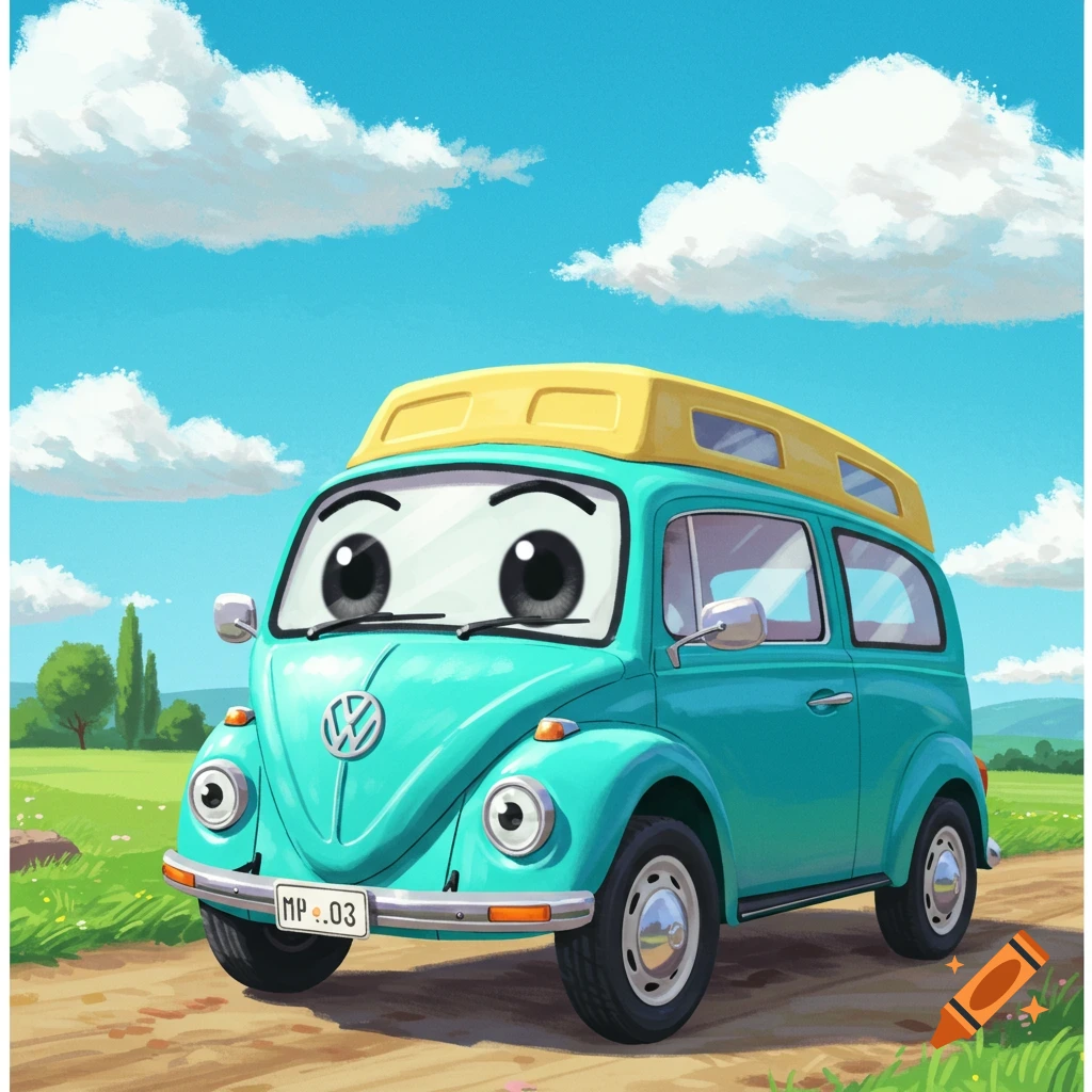 A cartoon teal Volkswagen van with big eyes drives on a dirt road under a sunny sky.