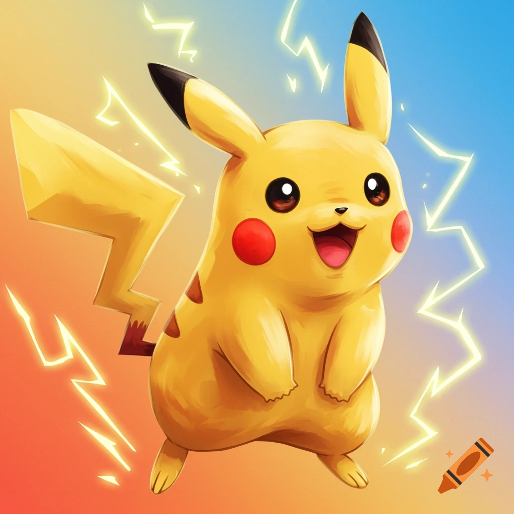 Vibrant image of Pikachu in a playful pose surrounded by lightning bolts against a gradient background.