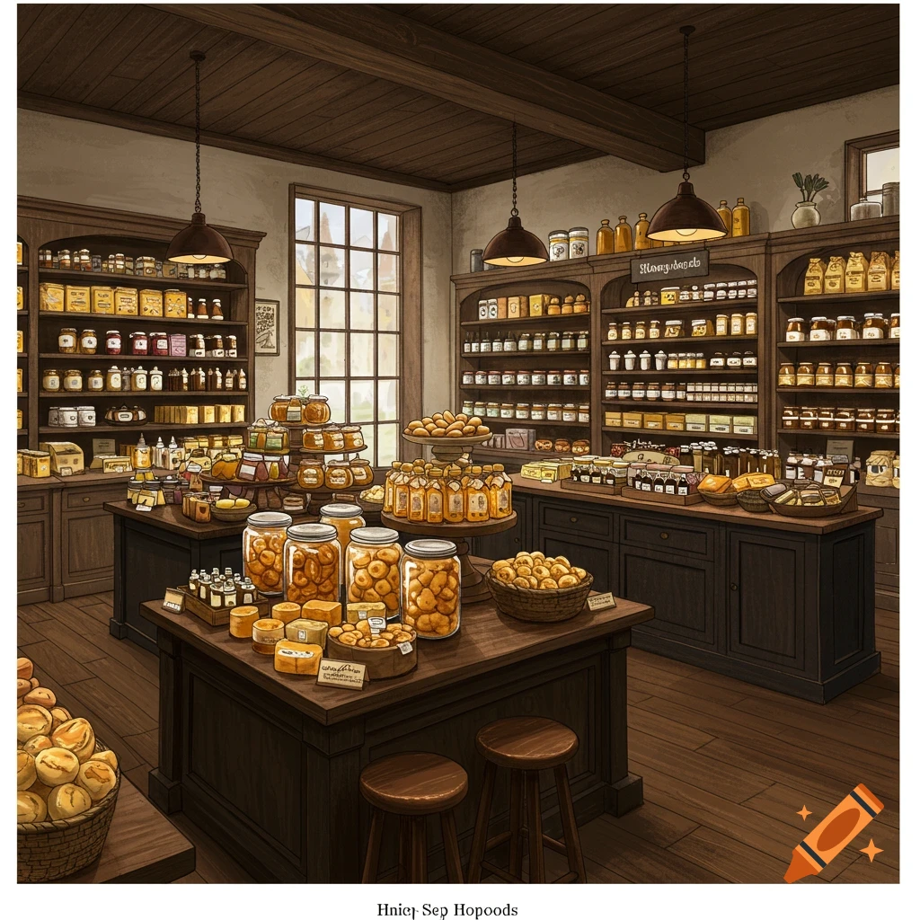 Rustic Boutique Interior Filled With Shelves And Displays Of Honey rustic-boutique-interior-filled-with-shelves-and-displays-of-honey