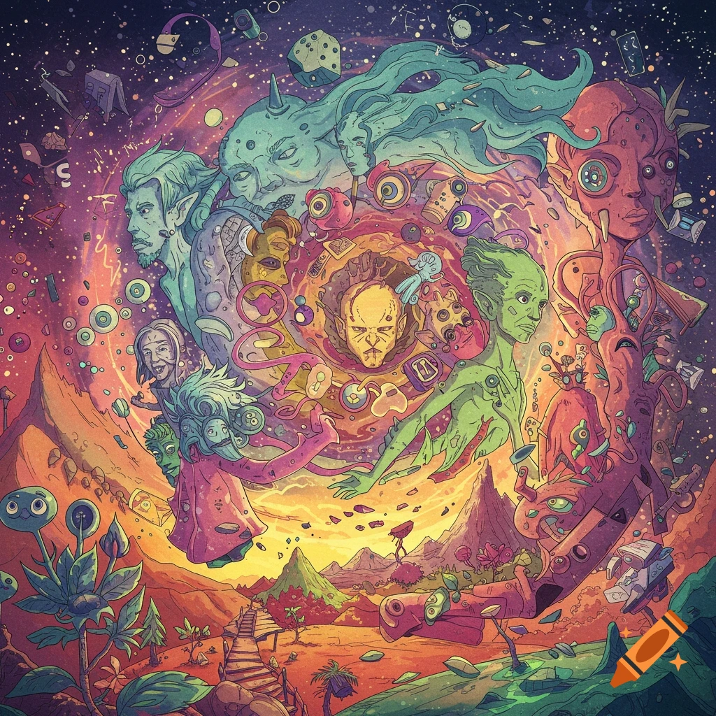 Surreal image of multiple alien-like faces and figures swirling around a central vortex in a vibrant, cosmic landscape.