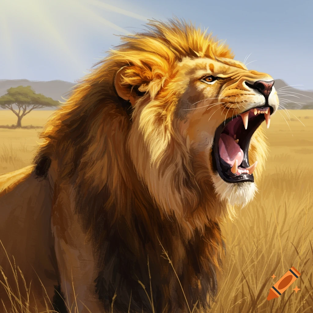 A roaring lion in a savanna.