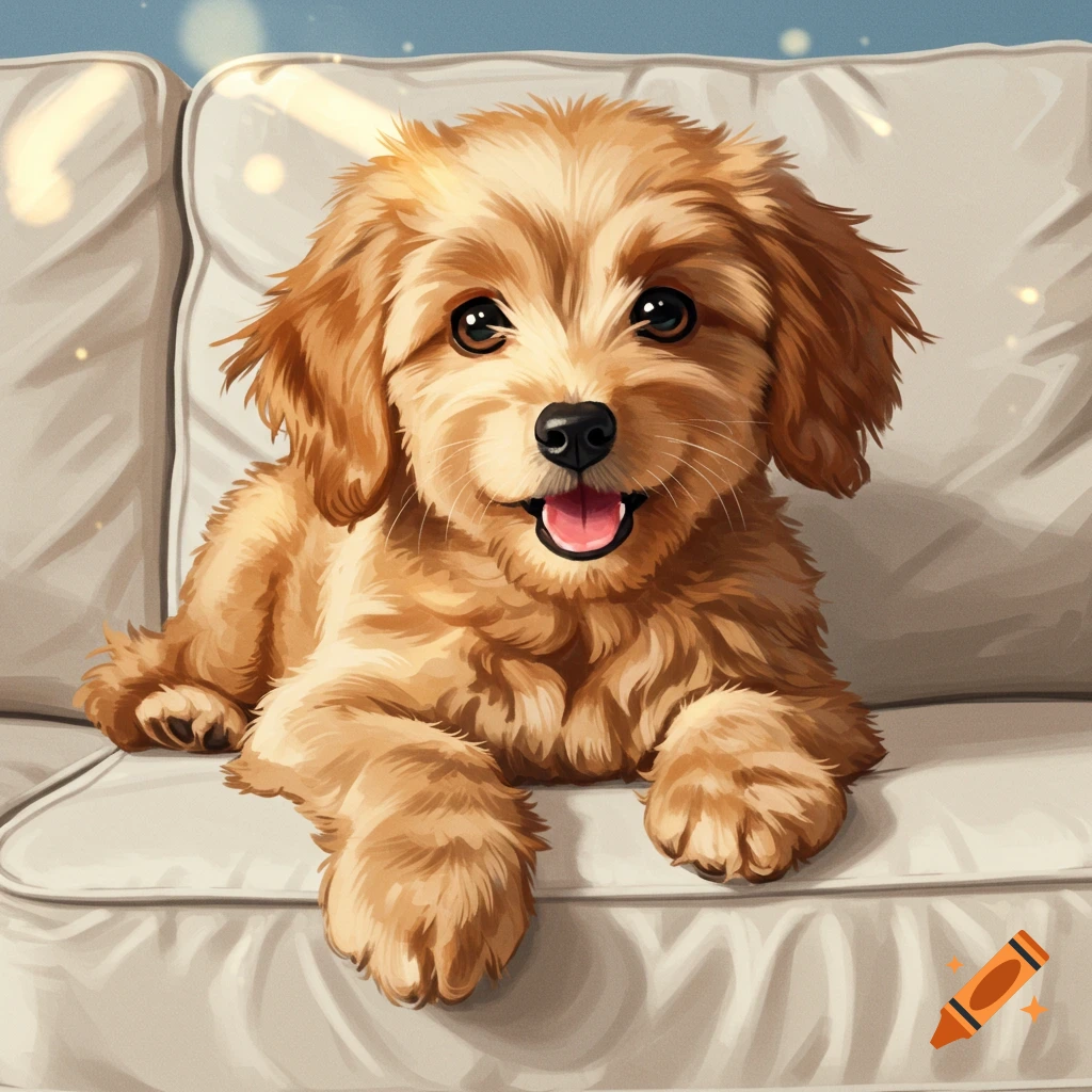 A cute golden puppy lays on a couch.
