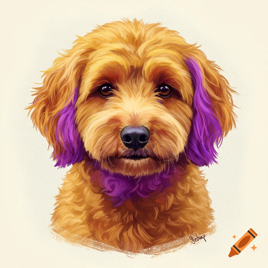 Golden doodle dog head with purple hair.